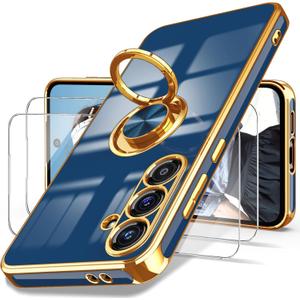 3 x Dretal for Samsung Galaxy A36 5G Case, Galaxy A36 5G Case with Screen Protector, 360 Rotatable Ring Holder Magnetic Kickstand,Plated Gold Edge Slim Soft TPU Protective Phone Cover (Blue, ZH)