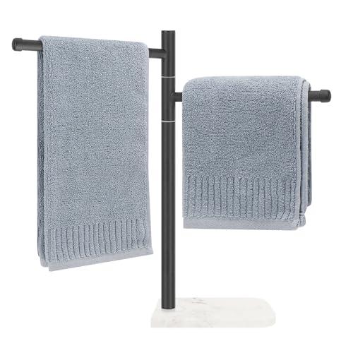 Winmien Standing Hand Towel Holder, Hand Towel Stand with Marble Base, 304 Stainless Steel Towel Rack with 2 Swivel Arm, Countertop Stand Towel Ring Towel Bar for Bathroom (Matte Black)