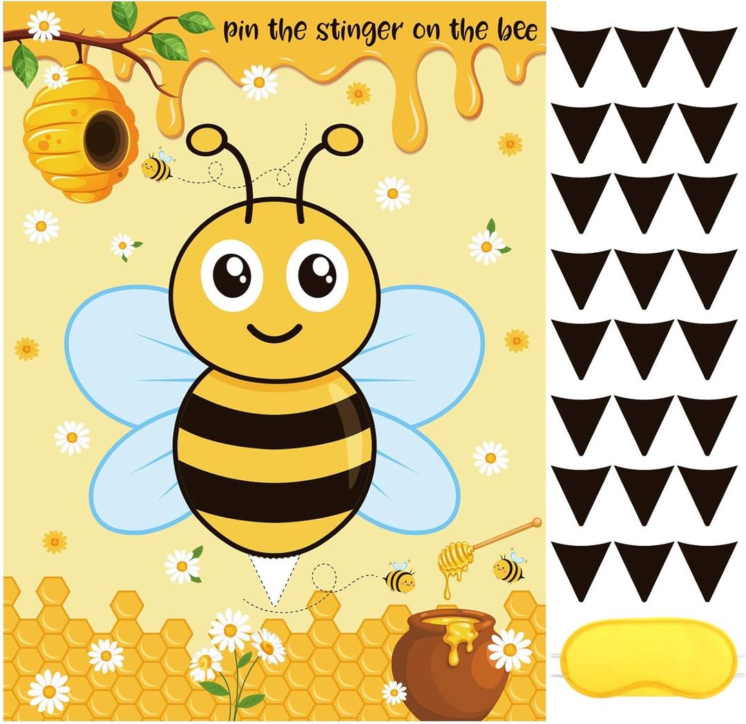Faccito Bee Party Decorations Pin The Stinger on The Bee Games Honeycomb Poster with 24 Stickers Blindfold Pin Games Set for Honeybee Birthday Party Decorations Indoor Outdoor Activities Supplies