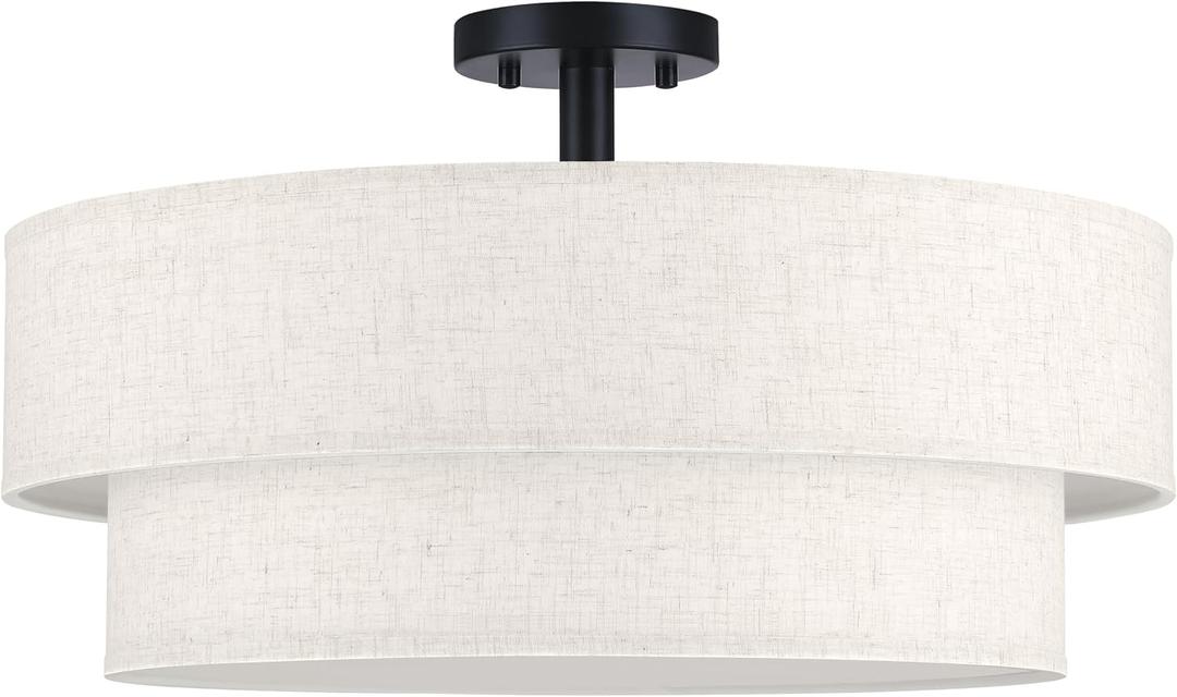 22 Inch LED 28W Adjustable 3000/4000/5000 Black Double Drum Linen Fabric Shade Semi Flush Mount Close to Ceiling Light Fixture for Bedroom,Living Room,Dining Room Hallway