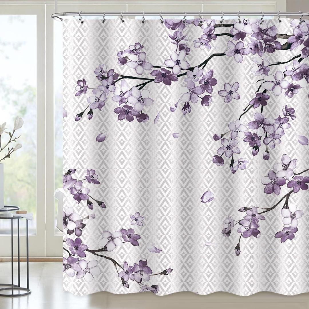 LGhtyro Vintage Mauve Cherry Blossom Shower Curtain 60Wx71H Inch Purple Lilac Sakura Blossom Plum Floral Bathroom Set Spring Blooming Flower Geometric Women Girls Bath Accessories Decor