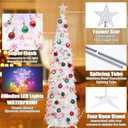HMASYO 5 FT Pop Up Christmas Tree with Timer Lights and Decorations, White Tinsel Christmas Tree with Candy and 24 Balls Ornament, Collapsible Pencil Tree Xmas Decoration for Home, Office, Party