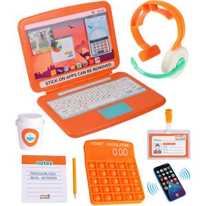 Pretend Play Home Office SetToy Kids Laptop,2 Cell Phones,LCD Writing Tablet,Pop Fidget Calculator,Headset & Beverage Cup for Toddlers(Ages 3+)Work Simulation Play