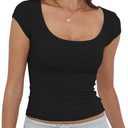 Women's Short Sleeve T-Shirts Low Scoop Neck Slim Fitted Ribbed Knit Casual Longer Crop Top (Black), S