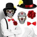 5 Pcs Halloween Day of The Dead Costume Accessories for Men Skeleton Gloves Top Hat Bow Tie Rose Flower Brooch and Bow Tie Skull Full Face Mask for Halloween Dia De Los Muertos Cosplay Party