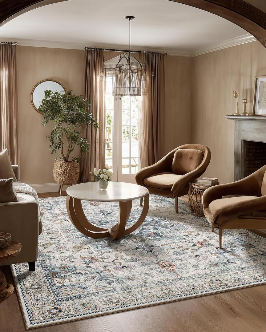 5x7 Area Rugs for Living Room: Washable Bedroom Rug Boho Vintage Rugs Stain Resistant Non Slip Low Pile Soft Lightweight Carpet for Kitchen Dining Room Farmhouse Nursery Kids Room Home Office (Blue and Cream)