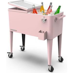 Permasteel 80 Quart Party Cooler, Rolling Ice Chest with Wheels and Handles for Indoor Outdoor Patio (Pink)