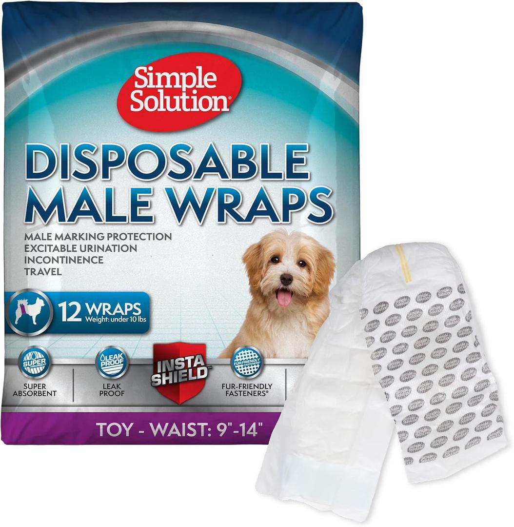 Simple Solution Disposable Male Wraps, Absorbent Leak Proof Belly Bands for Dogs, Incontinence Aid, Puppy Training, Marking Control, and Travel Protection, Toy Dogs, 9-14 Inch Waist, 30 Count