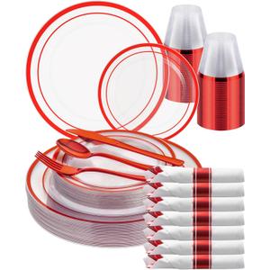 Goodluck 175 Pcs Red Plastic Plates, Clear Plastic Silverware Disposable Plates Set, Include 50 Plates, 25 Pack Pre Rolled Napkins with Silverware, 25 Cups for Party, Christmas, Graduation, Wedding