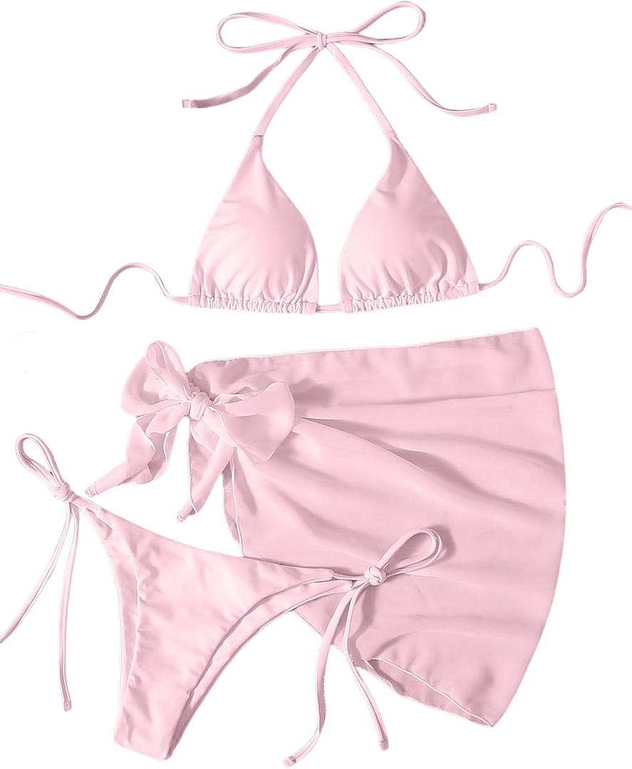 WDIRARA Women's 3 Piece Triangle Bikini Swimsuit Halter Bathing Suit with Cover Up (Large, Pink)