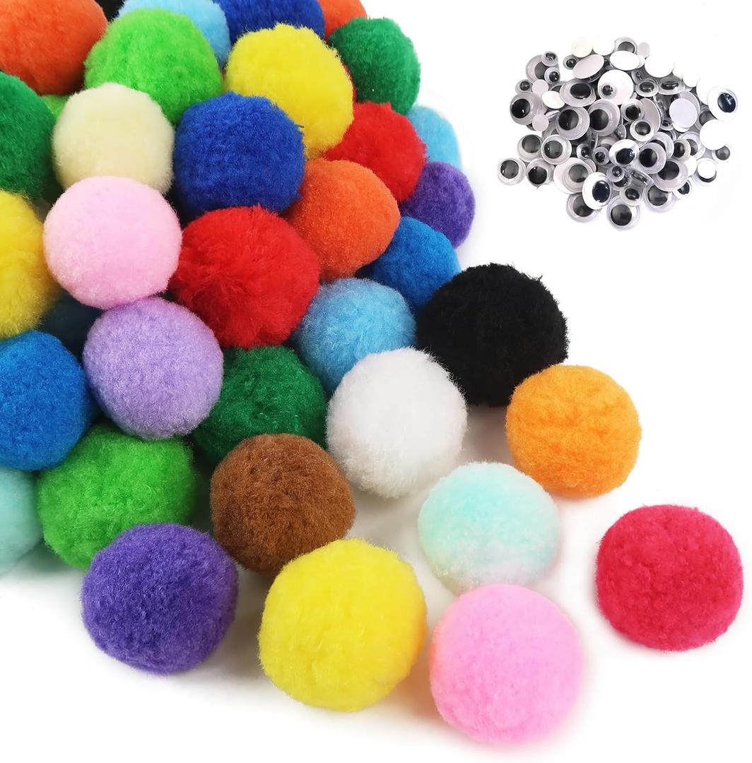 TOAOB 100pcs 2 Inch Large Pom Poms with 100pcs Wiggle Googly Eyes Multicolor Craft Pom Pom Balls for DIY Arts and Crafts Projects and Decorations