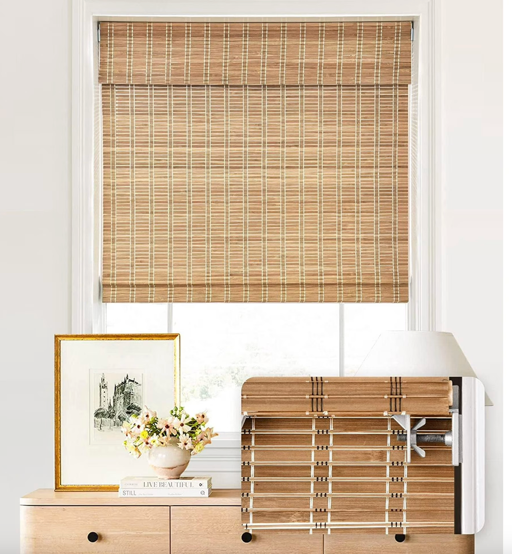 LazBlinds No Tools No Drill Cordless Bamboo Roman Shades, Light Filtering Window Treatment, Roll Up Bamboo Blinds for Windows 29'' W x 72'' H, Brown