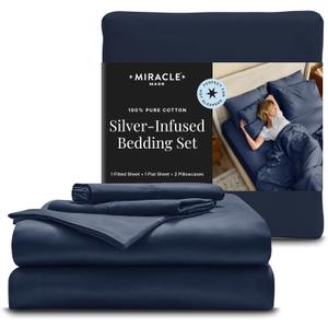 Miracle Made Breathable Cotton Bed Sheets, 4-Piece Set Silver-Treated, Soft and Cool-to-the-Touch Lightweight Bedding Designed for Hot Sleepers Queen Size, Navy Blue