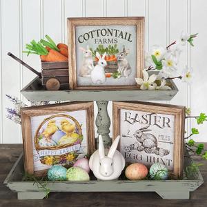Set of 3 Rustic Wood Frames for Tiered Tray Decor - 36 Interchangeable Seasonal Home Signs for Valentines, St Patrick's Day, All Seasons, 7x7 in