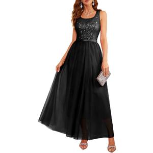 BeryLove Sequin Dress for Woman Vintage A Line Wedding Formal Swing Mesh Dress Sleeveless Cocktail Maxi Gowns (Black, L)