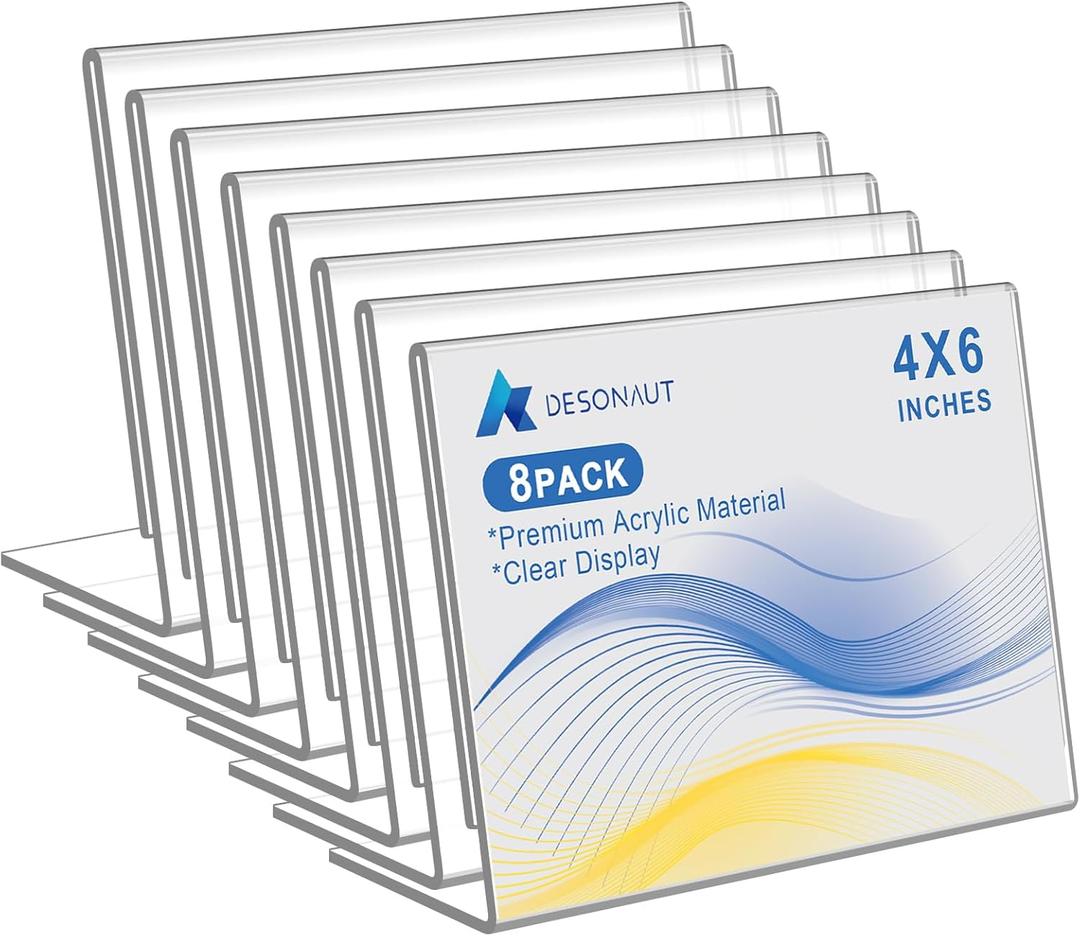 8 Pack Slanted Back Acrylic Sign Holder 6x4 Inches,Clear Plastic Sign Holder Paper Photo Display，Menu Tabletop Stand,Acrylic Picture Frame，Flyer Holder（Horizontal）
