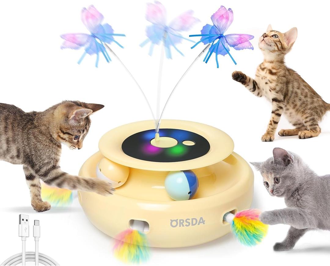 ORSDA Cat Toy, 3-in-1 Automatic Interactive Electronic Moving Ambush Feather, Fluttering Butterfly, Track Balls, USB Rechargeable Powered Smart Indoor Exercise Kicker (Yellow)