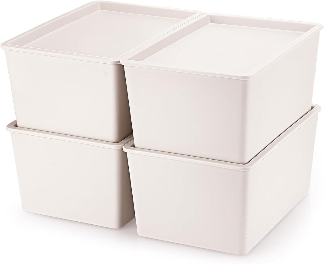 4 Pcs Storage Bins with Lids Plastic Containers Stackable Storage Box Baskets for Organizing Shelves(Beige,Small) (Small, Beige)