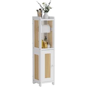 AmazerBath Toilet Paper Holder Cabinet, Bamboo Toilet Paper Holder Stand for Bathroom, Small Toilet Paper Storage Cabinet with Rattan Door, 30.3x7.8x7 inches, White