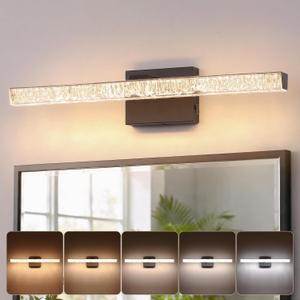 Bicrink 24 Inch LED Bathroom Vanity Light Fixtures, 5CCT Color Changeable Modern Wall Sconce with Iceberg Crackle Acrylic, Dimmable Matte Black Vanity Lighting for Mirror Cabinet, Makeup & Restroom