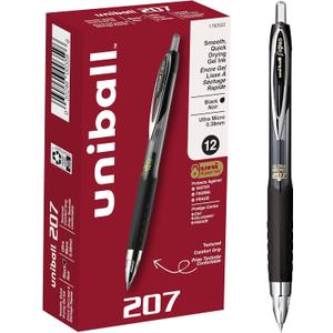 Uniball 207 Retractable Gel Pens, Ultra Micro Point (0.38mm), Black, 12 Pack