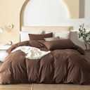 JIYUAN 100% Washed Cotton Duvet Cover Set Queen Size 3 Pieces, Linen Feel Soft Breathable Bedding Set with Zipper Closure, 90x90 Duvet Cover (Comforter Not Included) & 2 Pillowcases, Chocolate Brown