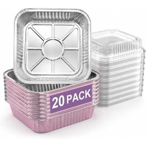20 Pack Pink 8x8 Inch Disposable Aluminum Foil Pans | Clear Plastic Lids, Square Cake Pans, Baking, Meal Prep & Storage, Heating & Cooking