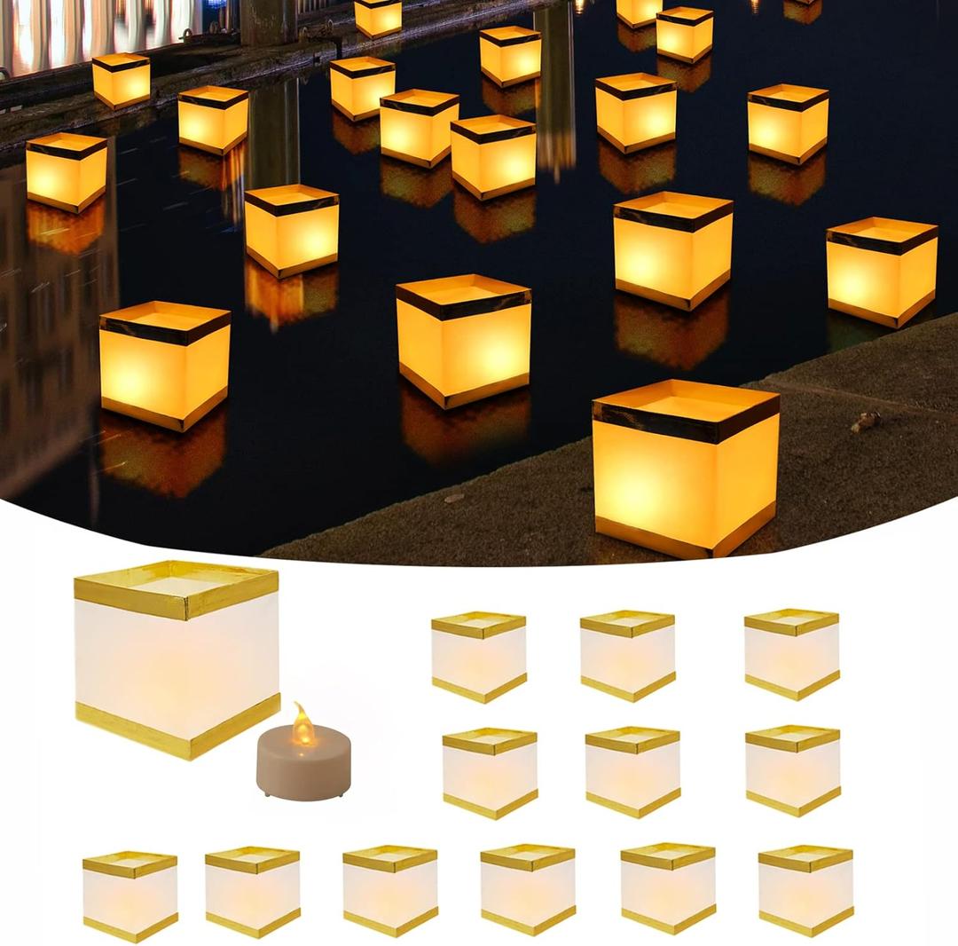 12Pack Reusable Floating Square Lanterns with LED Flameless Candles, Decorative Outdoor Table Lanterns for Weeding, Lawn, Pool, Wishing