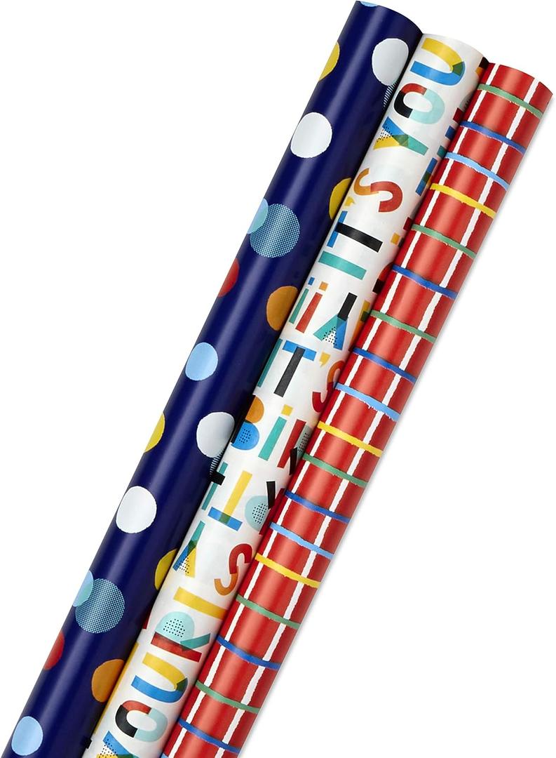 Hallmark Birthday Wrapping Paper Bundle with Cut Lines on Reverse (3-Pack: 55 sq. ft. ttl.) Bright and Holographic Prints and Patterns in Red, Blue, Yellow, White and More