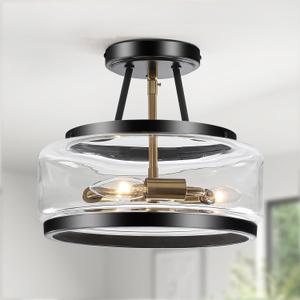 11.8" Black and Gold Semi Flush Mount Ceiling Light, Small Ceiling Lights with Clear Glass, Modern Drum Light Fixture for Hallyway Dining Room Foyer Entryway Bedroom Kitchen Bathroom, 3-Light