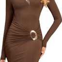 Long Sleeve Bodycon Mini Dress Ruched Hollow Out Mock Neck Party Club Short Dresses for Women 2025 Brown (M)