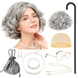 RIOSO Old Lady Costume for Women Granny Grey Wig Adult Outfit for Woman Old Grandma Costumes