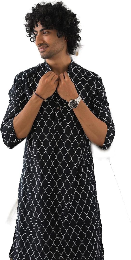 SHASAK Men's Cotton Long Kurta With White Chains Look Print (XX-Large, Black)