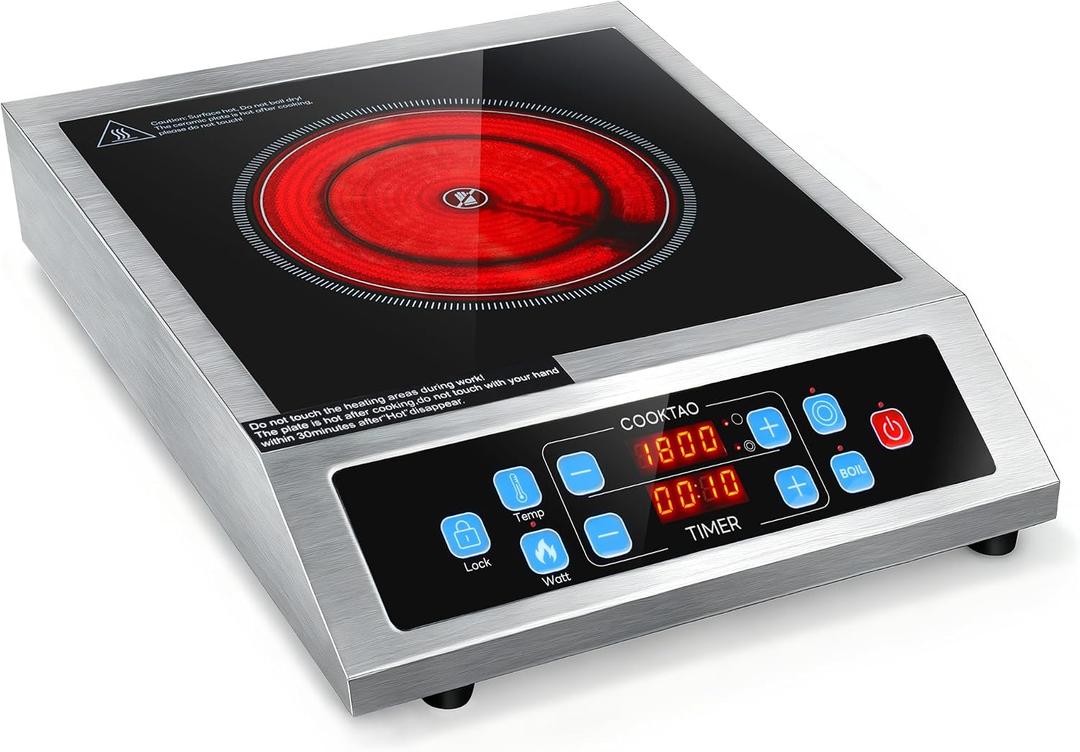 Dual Coils Design of Stainless Steel Single Burner Electric Cooktop, 1800W Commercial Ceramic Infrared Cooking Hot Plate, Portable Countertop Radiant Stove Top Cooker with WATT and TEMP Control