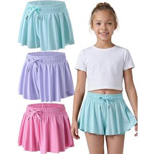 3 Pack Girls Flowy Shorts with Spandex Liner & Pocket, 2-in-1 Athletic Butterfly Shorts for Running Dance XL