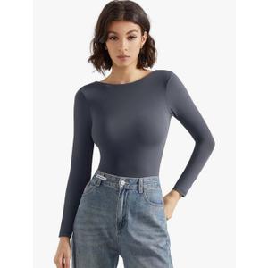 SUUKSESS Women Backless Y2k Long Sleeve Bodysuit Double Lined Open Back Sexy Basic Top XS