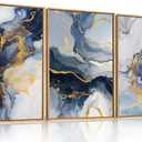 Navy Blue and Gold Framed Canvas Wall Art Set,Mid-Century Modern Abstract Wall Decor,Navy Blue Ink Wash Painting,Neutral Art Print for Living Room,Bedroom,Dining Room,Office - 16"x24"x3