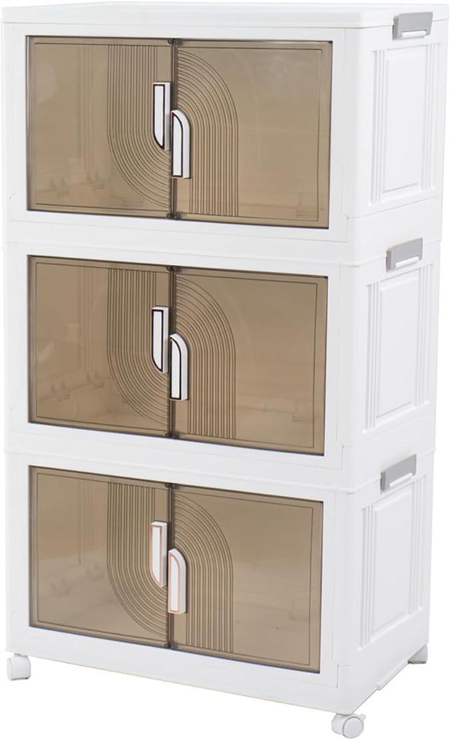 Foldable Storage Bins with Lids Stackable Storage Bins with Doors and Wheels Magnetic Dual-Opening Doors Storage Containers for Bedroom, Living Room, Closet, Laundry (White-3Pack)