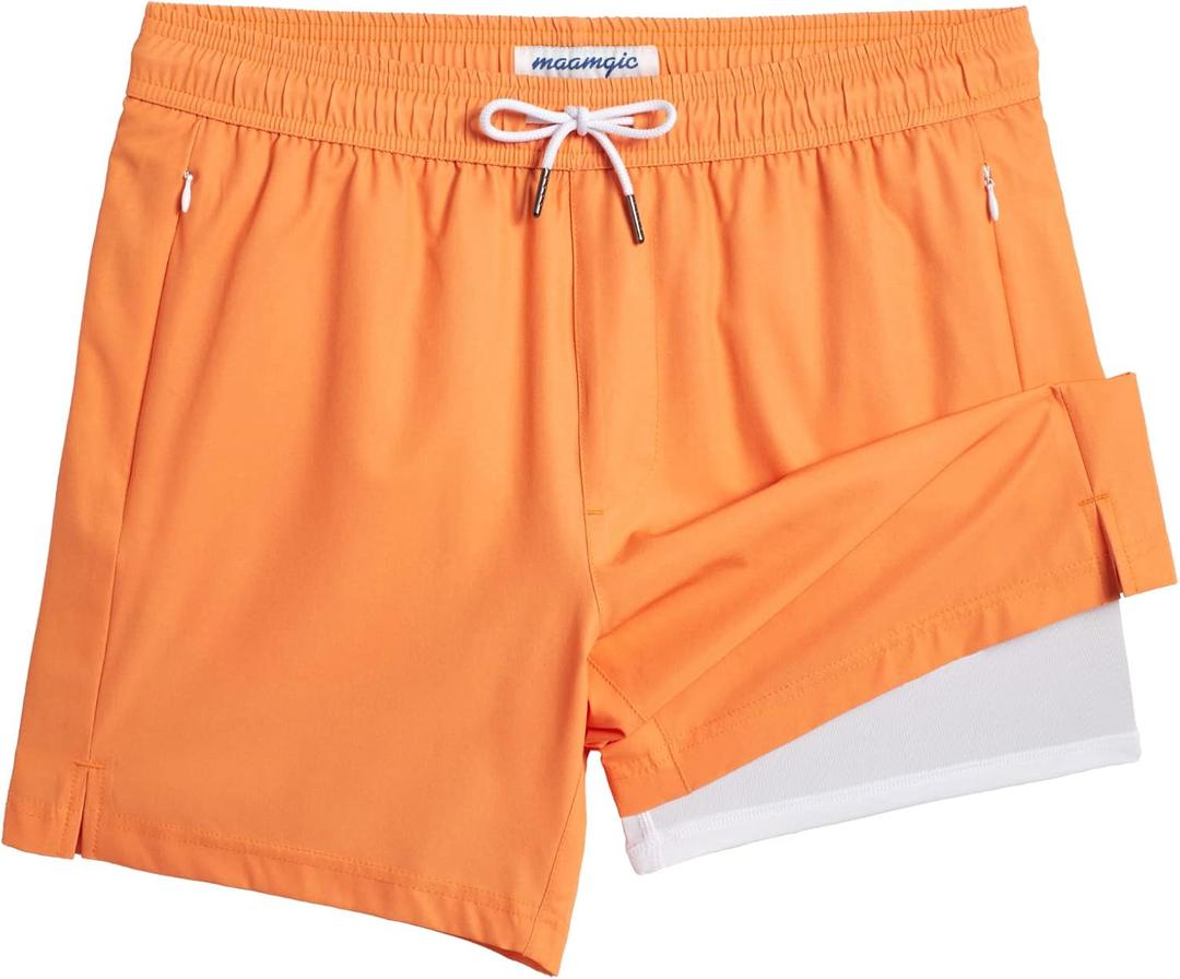 maamgic 5inch Mens Swimming Trunks with Compression Liner 2-in-1 Swim Trunks Stretch Quick Dry Swim Shorts Zipper Pockets (Orange, XL)