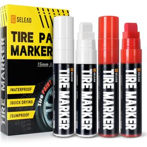 SELEAD Jumbo Tire Marker White Red - 4 Pack 15mm Wide Tip Paint Pens for Car Tires Lettering, Large Capacity Premium Ink Waterproof Permanent Markers