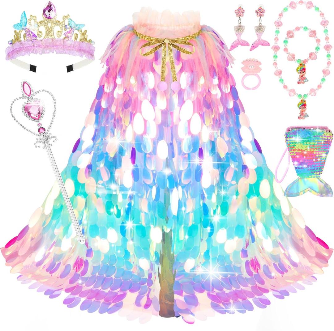 Princess Dress Up Toys Princess Dress Up Clothes Rainbow Mermaid Cape Kit 9 Pcs Gift Set for Little Girls 3-8 Years