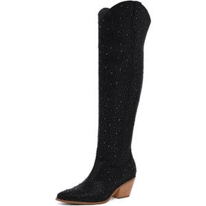 Women Rhinestone Over the Knee Cowboy Boots, Sparkly Bling Cowgirl Boots Western Thigh High Boots Pull-On Side Zippers Chunky Heel Pointed Toe Size5-12 For Fashion&Daily Size 8 (Black)