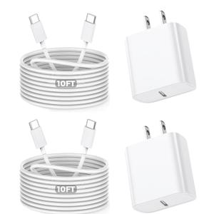 10Foot Fast iPhone Charging Cable,2Pack Super Fast iPhone USB C Wall Charger Block with 10FT USB C-C Charging Cable Type C Apple Adapter for i Phone 17Air/17 Pro/16/16e/16 Pro Max/15/iPad Pro/Air/Mini
