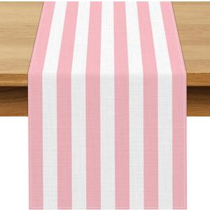 Pink and White Vertical Striped Table Runner Light Pink Birthday Party Decoration Baby Shower Dining Room Home Kitchen Table Decor (Pink, 13" x 72")