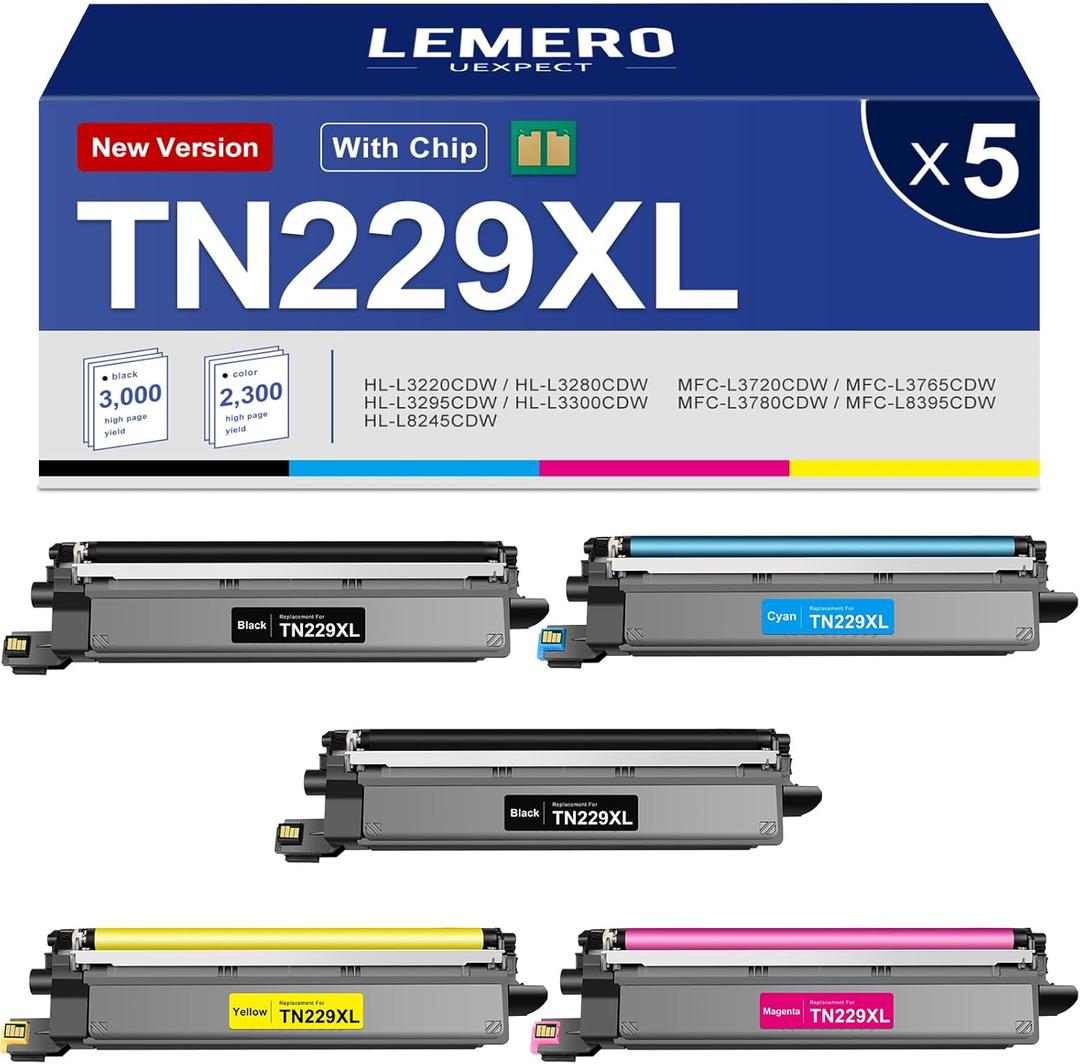 TN229XL High Yield Toner Cartridges Compatible Replacement for Brother TN229 - 5 Pack for HL-L3280CDW MFC-L3780CDW MFC-L3720CDW HL-L3300CDW Printer (TN229XLBK/C/M/Y)