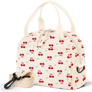 WOBAGMEN Lunch Box for Women, Lunch Bag Cute Corduroy Insulated Lunch Box With Shoulder Strap for Adult Womens for Work Picnic (Cherry Heart)