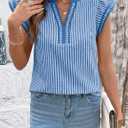 Dokotoo Womens Summer Tops Casual V Neck Cap Short Sleeve Striped T Shirts Loose Boho Blouses (Blue) L