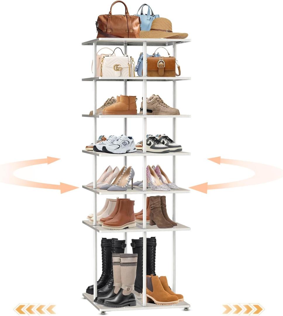 Spinning Rotating Shoe Rack: All-Metal 7 Tier 360 Revolving Boot Rack, Vertical Shoe Organizer Space Saving for Balcony, Entryway, Door, Living Room, White