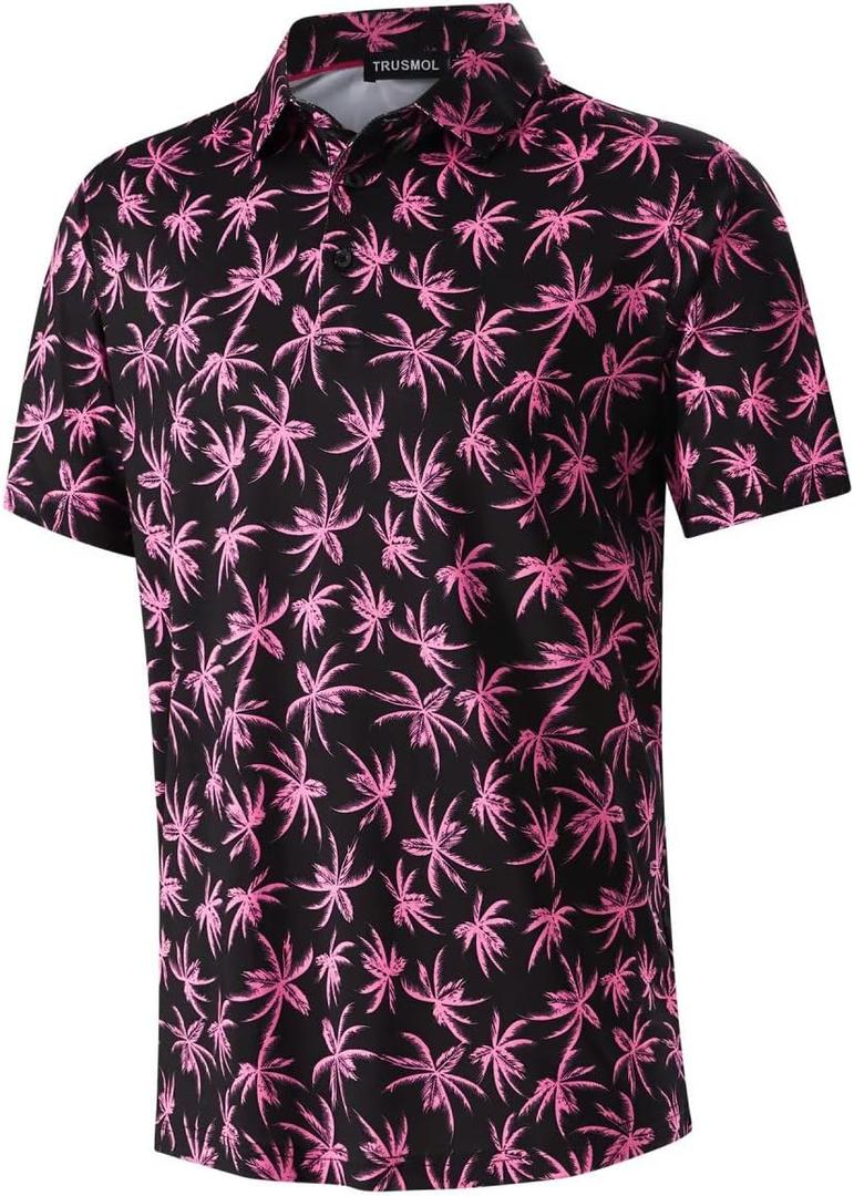 Golf Shirts for Men Dry Fit Performance Print Short Sleeve Moisture Wicking Golf Polo Shirts (3X-Large, Pink Palm)