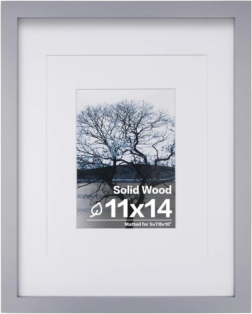Egofine 11x14 Picture Frame Made of Solid Wood with Plexiglass, Display Pictures 5x7/8x10 with Mat or 11x14 Without Mat, for Table Top Display and Wall Mounting Photo Frame, Light Grey